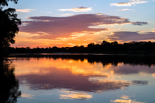 Sunset over Cubango River, Caprivi Strip, near Okavango Delta, Namibia, Africa