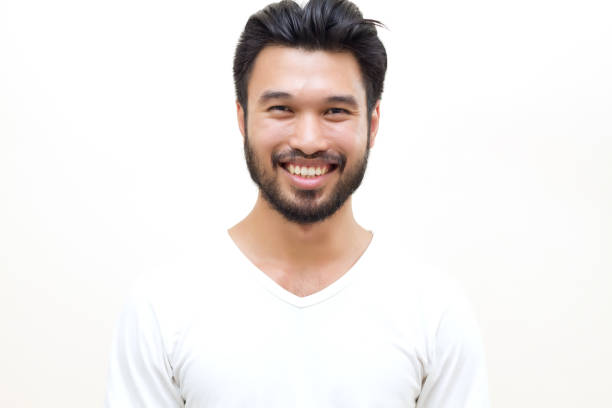 istock Asian handsome man with a mustache, smiling and laughing  on white background 641866218
