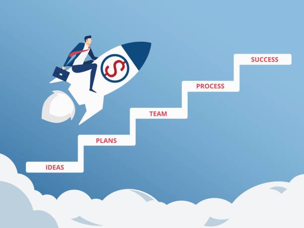 istock Businessman flying on rocket start up to success. Flying to success concept. Stair step to success concept. 641868586
