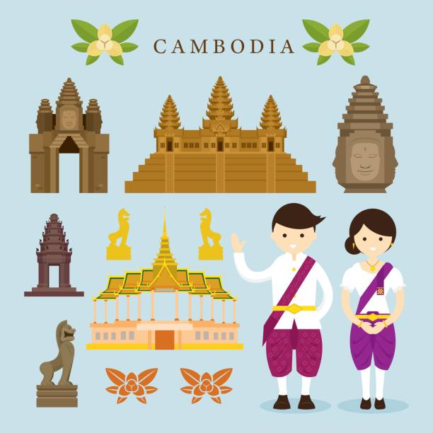 ilustrações de stock, clip art, desenhos animados e ícones de cambodia landmarks and objects design elements - angkor wat