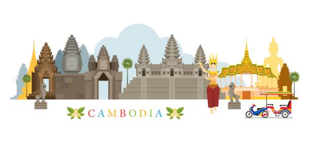 ilustraciones, imágenes clip art, dibujos animados e iconos de stock de horizonte de monumentos de camboya - khmer