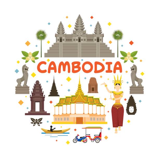 Cambodia Travel Attraction Label Landmarks, Tourism and Traditional Culture angkor thom stock illustrations