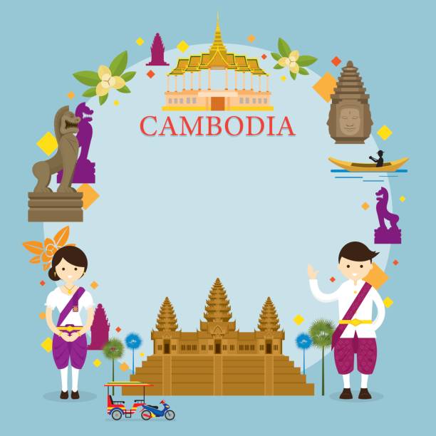 Cambodia Landmarks, People in Traditional Clothing, Frame Culture, Travel and Tourist Attraction khmer stock illustrations