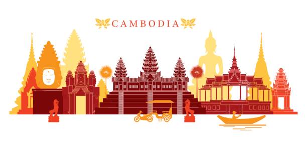 ilustraciones, imágenes clip art, dibujos animados e iconos de stock de horizonte de monumentos camboya, colorido - khmer
