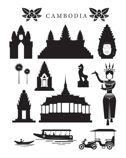 Cambodia Landmarks and Culture Object Set Design Elements, Black and White, Silhouette khmer stock illustrations