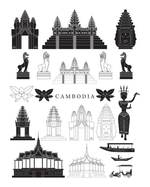 ilustrações de stock, clip art, desenhos animados e ícones de cambodia landmarks and culture object set - angkor wat