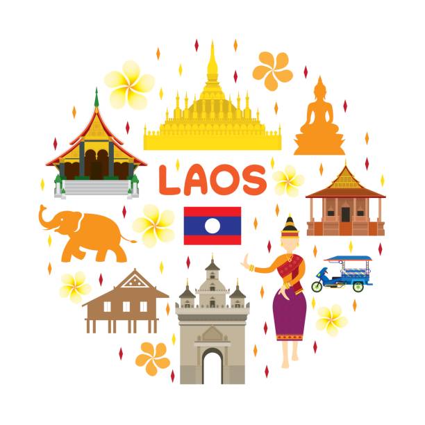 ilustraciones, imágenes clip art, dibujos animados e iconos de stock de etiqueta de atracción de viaje de laos - laos luang phabang thailand religion