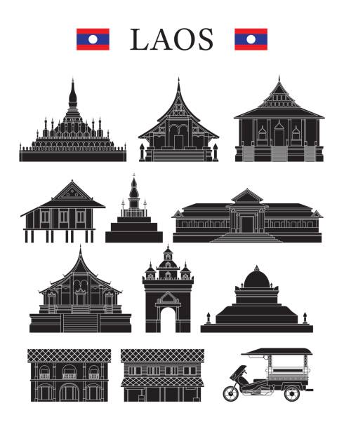 laos punkty orientacyjne i kultury obiekt zestaw - laos luang phabang thailand religion stock illustrations