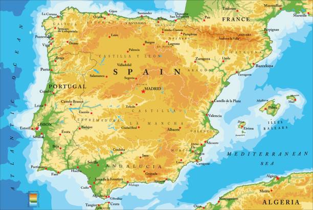 hiszpania mapa fizyczna - barcelona sevilla stock illustrations