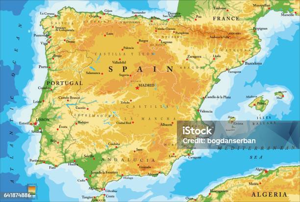 Spain Physical Map Stock Illustration - Download Image Now - Spain, Map, Portugal
