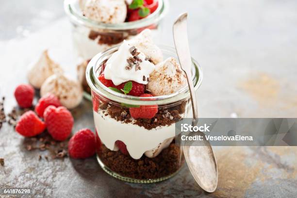 Layered Dessert With Chocolate Cake And Whipped Cream Stock Photo - Download Image Now