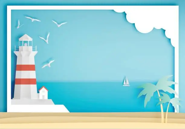 Vector illustration of Lighthouse with ocean background frame paper art