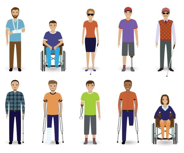 illustrazioni stock, clip art, cartoni animati e icone di tendenza di set di dieci personaggi disabili. concetto di disabilità. gruppo di uomini invalidi maschi e femmine. - men crutch isolated support