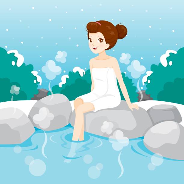 ilustrações de stock, clip art, desenhos animados e ícones de woman relaxing in hot spring - drenched human face wet water