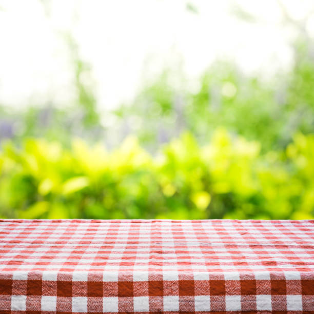 istock Red checkered tablecloth on abstract green garden morning background. 641886978