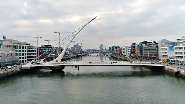 Dublin Ireland Flying over river Liffey towards town center