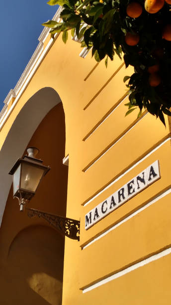 ornate electric lamp on historic macarena gate seville spain - orange wall imagens e fotografias de stock