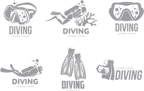 ilustrações, clipart, desenhos animados e ícones de conjunto de modelos gráficos de mergulho com mergulhadores, máscara, nadadeiras - group of objects set symbol computer icon
