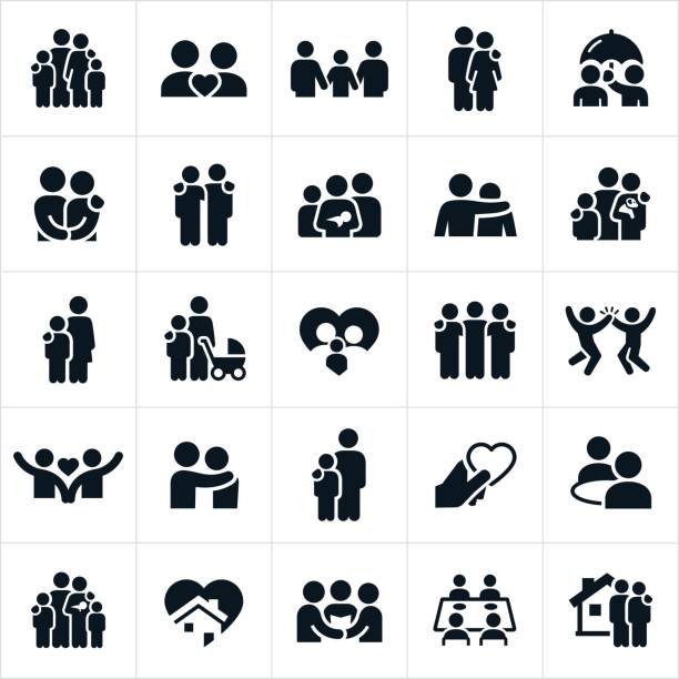 Family and Relationships Icons A set of icons representing families and other relationships. The icons include families, couples, husbands, wives, love, family life, pets, and home life among others. family dinner stock illustrations