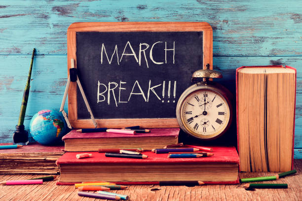 the text march break written in a chalkboard