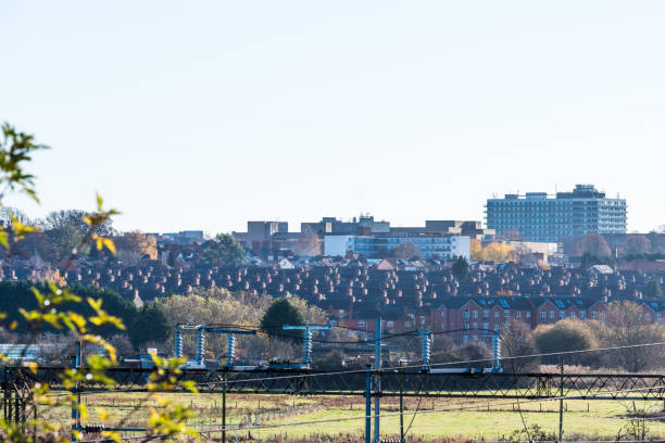 istock Beautiful sunset over Northampton, shot through railway electric lines 641909950
