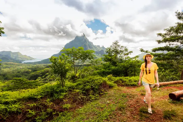 A DSLR Canon photo of a beautiful Brazilian woman on vacations on Morrea Island in French Polynesia. She is on top a volcanic landscape covered with tropical forest. She is walking towards the camera smiling and she is wearing staw hat, yellow shirt, short jeans and slippers.