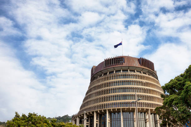 The Beehive Parliament Building in Wellington, New Zealand The Beehive wing of the parliament building in Wellington the capital city of New Zealand. beehive new zealand stock pictures, royalty-free photos & images