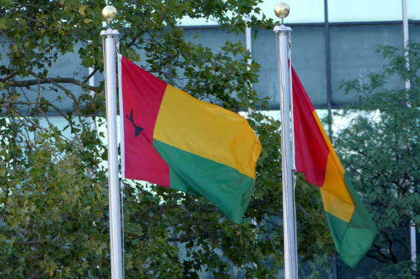 유엔 본부 앞 국제 플래그 - guinea bissau flag 뉴스 사진 이미지