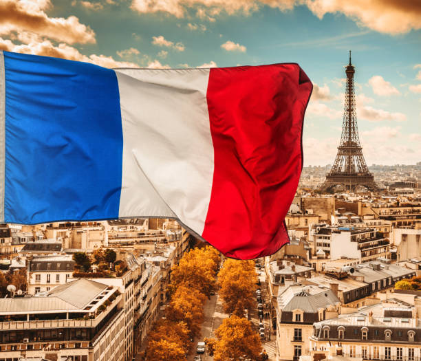 paris aerial view skyline with france flag paris aerial view skyline with france flag bastille day photos stock pictures, royalty-free photos & images
