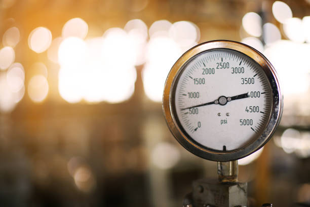 pressure gauge in oil and gas production. - boiler power station fuel and power generation gas boiler imagens e fotografias de stock