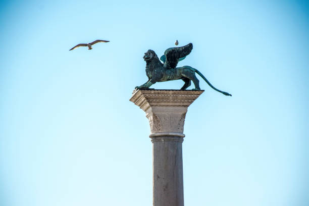 istock Column in St Marks Venice with winged lion and seagull. 641924428