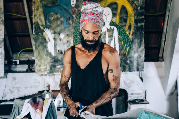 Brazilian artist working at atelier.