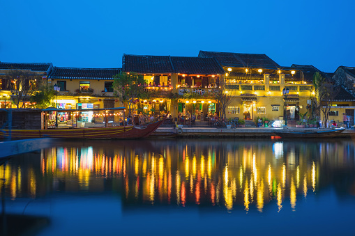 Quang Nam, Vietnam - Apr 1, 2016: Hoi An ancient town viewing from Thu Bon river by twilight period. Hoi An is UNESCO world heritage, one of the most popular destinations in Vietnam
