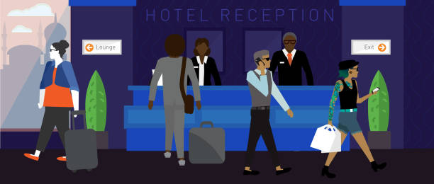 moderne hotel-szene - downtown district professional occupation entrance receptionist stock-grafiken, -clipart, -cartoons und -symbole