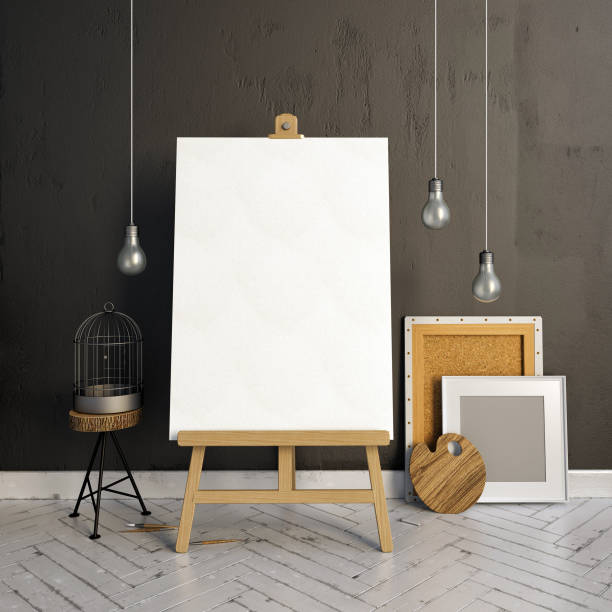istock 3d illustration, interior hipster. installation with easel. 641933912