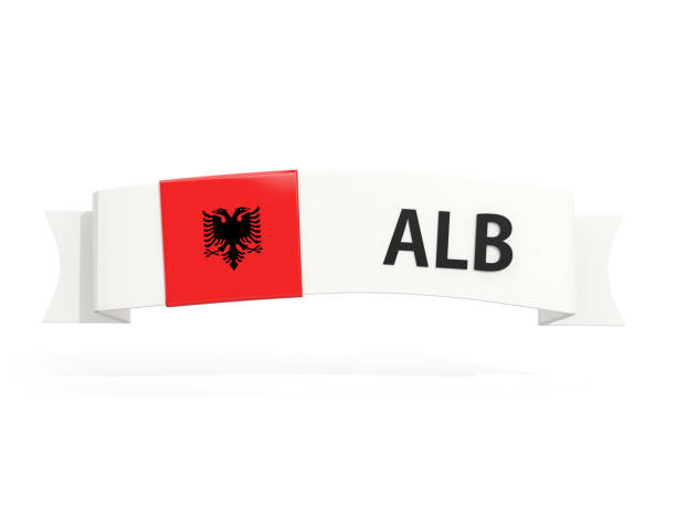 Flag of albania on banner and country code isolated on white. 3D illustration