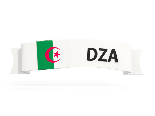 Flag of algeria on banner and country code isolated on white. 3D illustration