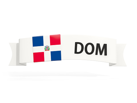 Flag of dominican republic on banner and country code isolated on white. 3D illustration