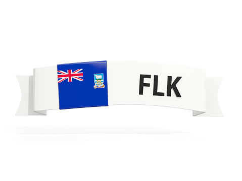 Flag of falkland islands on banner and country code isolated on white. 3D illustration