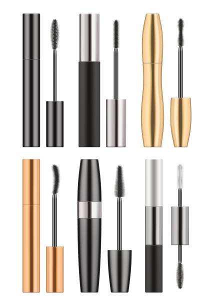 Mascara and types of brushes Set of 3d realistic blank template of black, golden and silver metallic tubes with mascara and different types of brush. Container of cosmetic product for eye beauty. Vector illustration on white. mascara wands stock illustrations