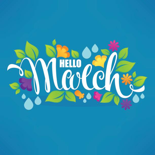Hello March Hello March, vector banner design  with images of green leaves, bright flowers month of march stock illustrations