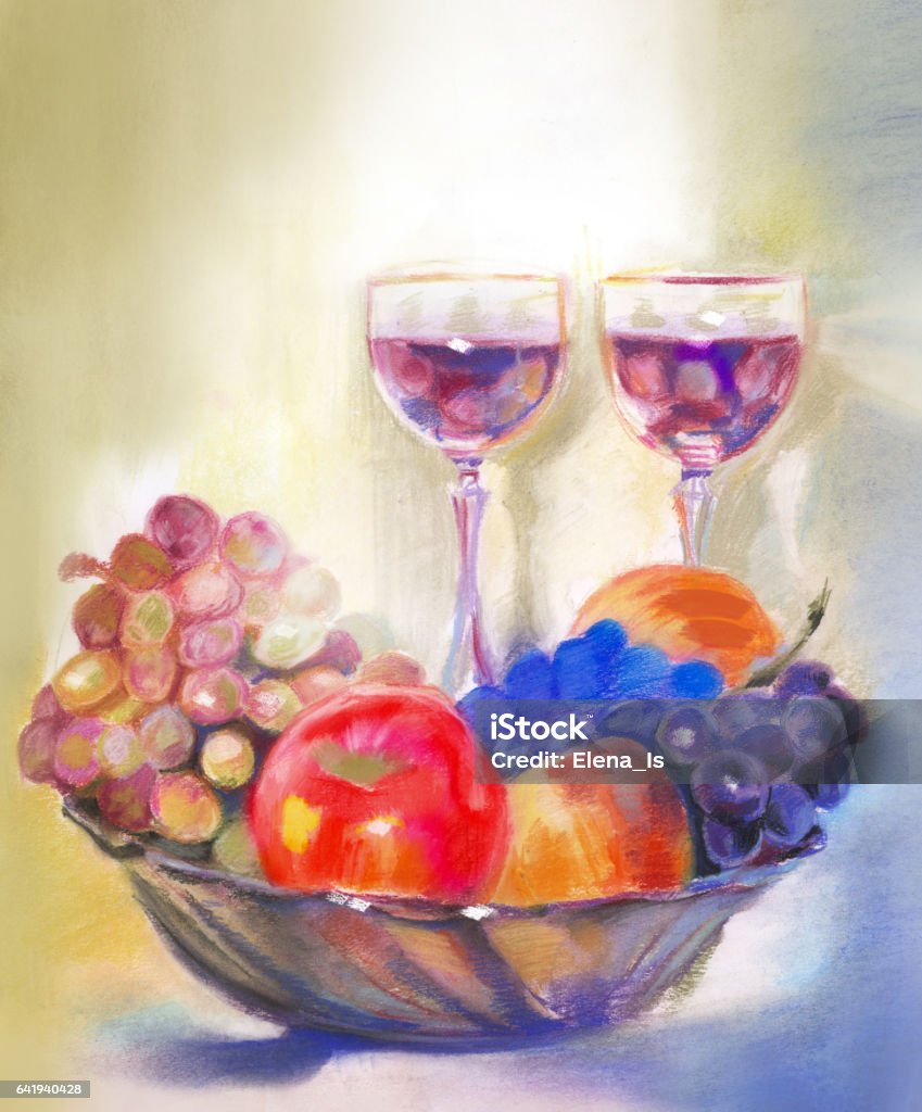 still life painted pastel. grapes and apple. two glasses with wine and fruit Fruit Bowl stock illustration