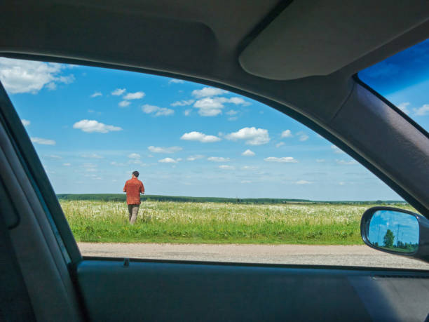 istock Tall man in check shirt stands back before blossoming meadow 641940992