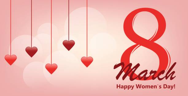 istock March 8 greeting card. Hanging red hearts, gentle pink background 641943714