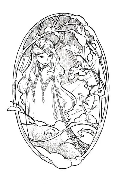 Art sketch of fairy lady with birds in winter forest. Ink illustration isolated on white background. Coloring book page with elf girl in boho style.