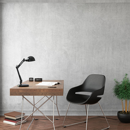 Interior office room scene with empty wall. Office desk with chair, plant, light, decoration. Hipster modern design template. wooden table, chair is black. concrete gray wall. square frame mock up render