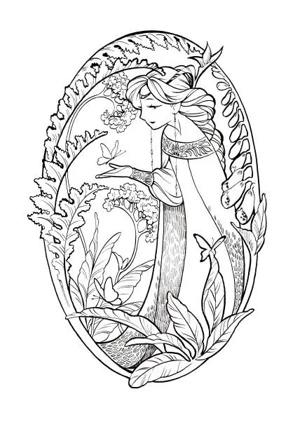 Art sketch of fairy lady with butterflies and flowers. Ink illustration isolated on white background. Coloring book page with elf girl in boho style.