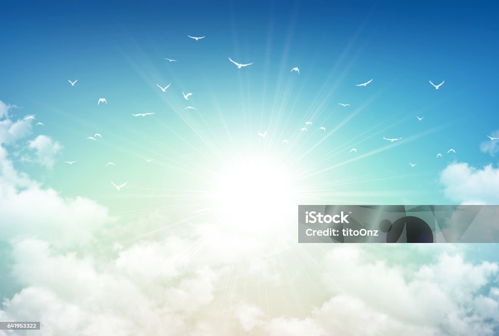 Morning sky light Morning sky background, sunlight through white clouds and free birds flying away Heaven Stock Photo