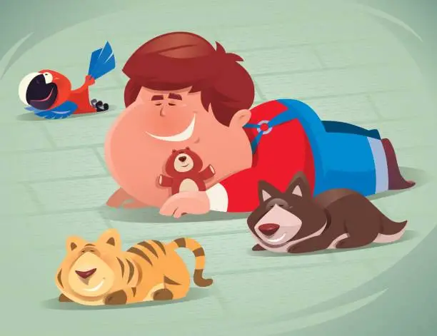 Vector illustration of kid with pets sleeping