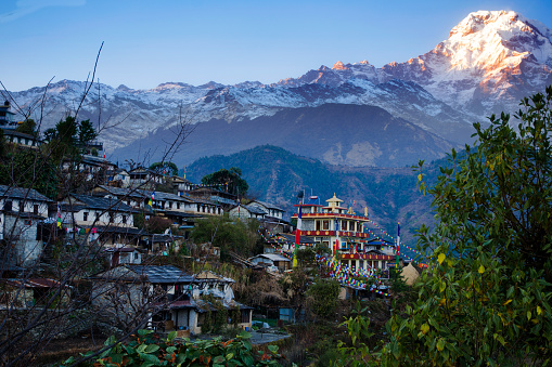 Ghandruk village and annapurna mountain in the evening